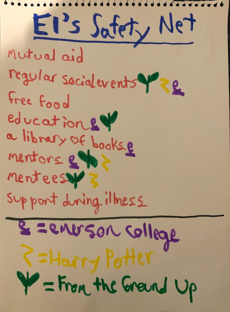 A diagram of El's needs which reveals that From the Ground Up, Emerson College, and Harry Potter and the Sacred Text only fulfill five out of the seven needs they could.