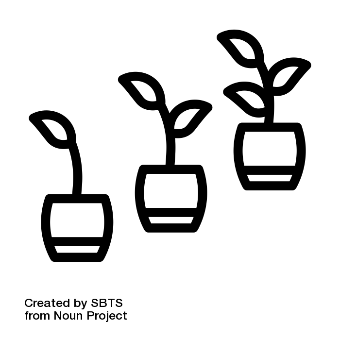 A black outline of a sprout growing in three stages.